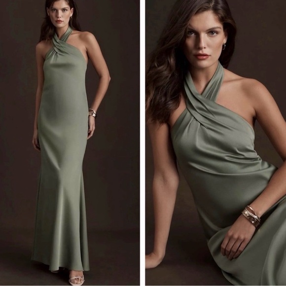 Anthropologie BHLDN Selma Halter-Neck Satin Maxi Dress Sage Green